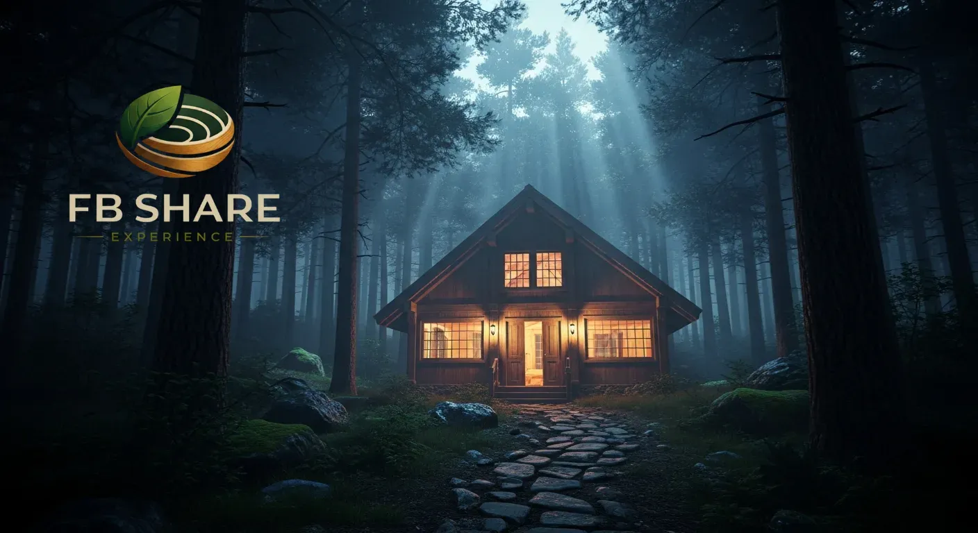 Cabana cinematográfica na floresta ao entardecer